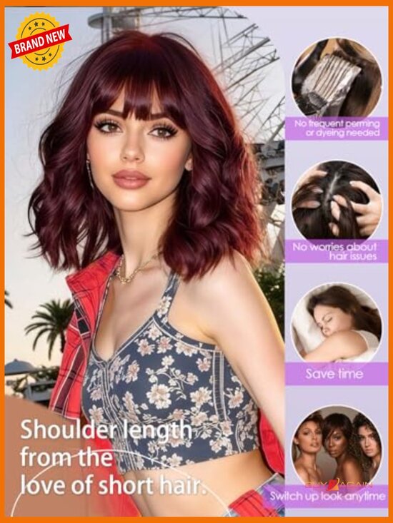Short Wavy Curly Human Hair Wig with Bangs - Shoulder Length Heat Resistant